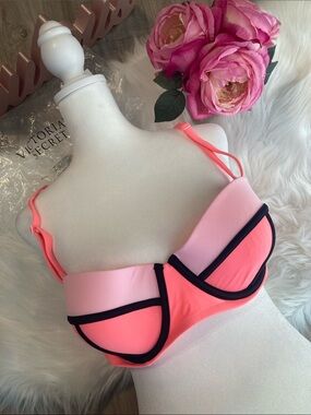 NWOT!!! Victoria's Secret Pink and Coral Colorblock Underwire Bikini Top 34DD